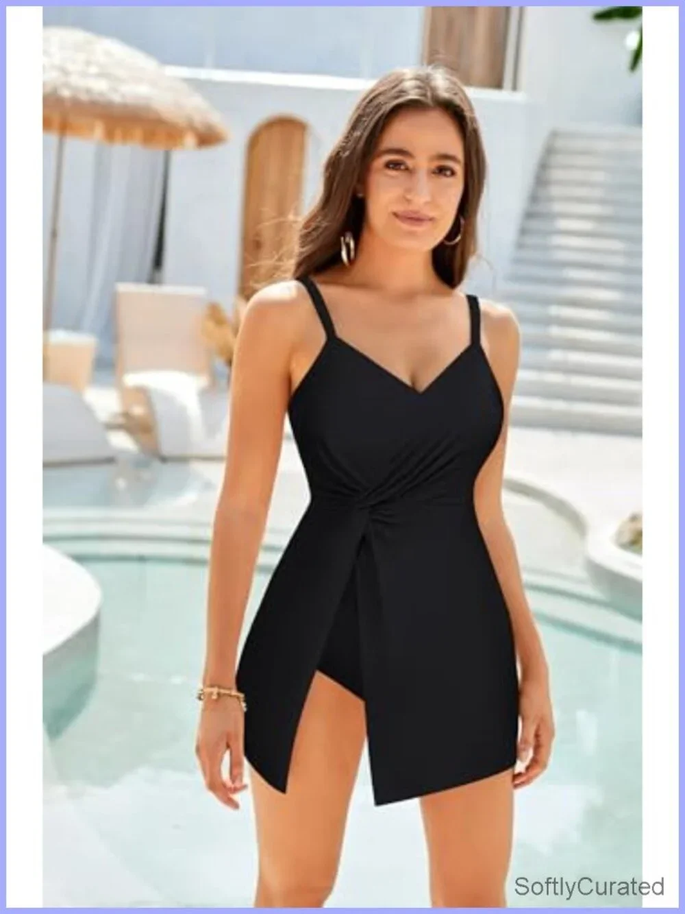 One Piece Swim Dress V Neck Tummy Control Beachwear Bathing Suit